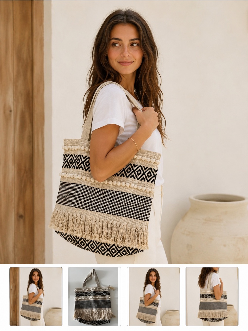 Woven Fringe Tote Bag - Natural & Black
